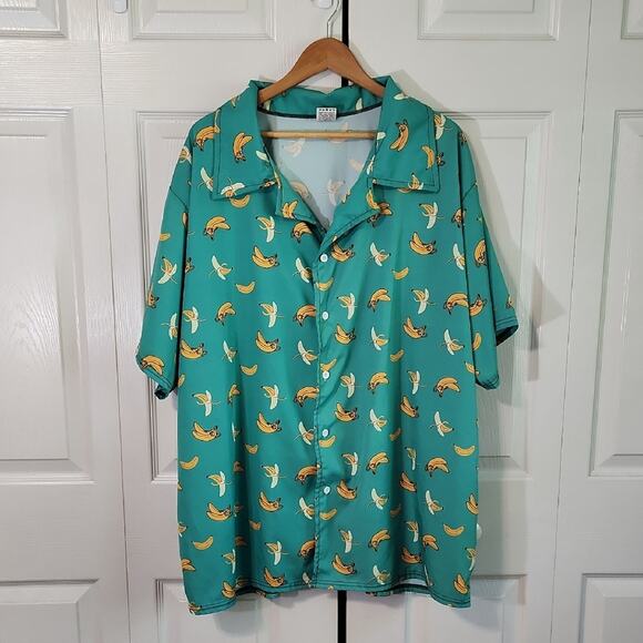 Mens Green Button Up With Banana Print Size 2XL Shortsleeve Silky Lightweight - Picture 1 of 9